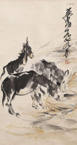 A SCROLL PAINTING OF DONKEYS, HUANG ZHOU MARK