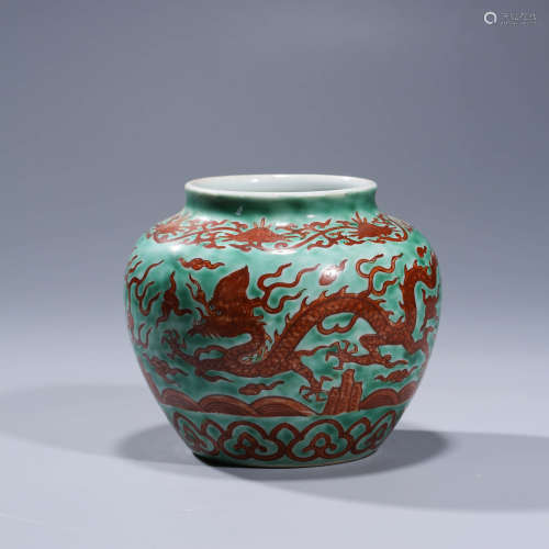 A GREEN-GLAZED IRON-RED DRAGON PORCELAIN JAR WITH THE MARK
