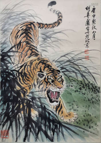 A Chinese Tiger Painting Scroll, Hu Shuang'an Mark