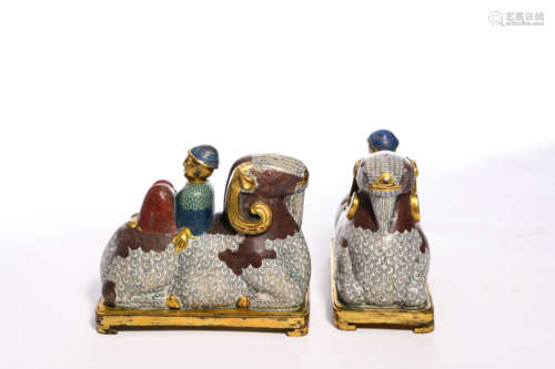 A Pair of Bronze Cloisonne Enamel Goatherd Brush Rack