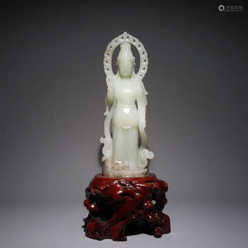 A CHINESE HETIAN JADE STATUE: GUANYIN