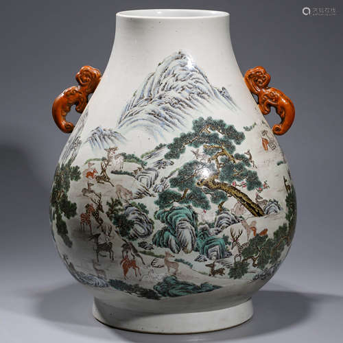 A FAMILLE ROSE ‘HUNDRED DEER’ PORCELAIN ZUN