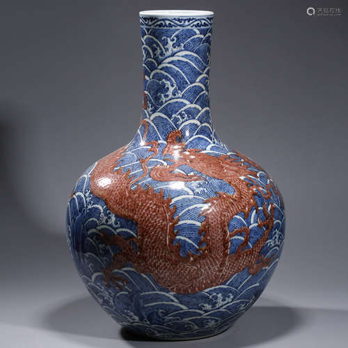 A COPPER-RED AND UNDERGLAZE-BLUE PORCELAIN TIANQIUPING WITH DA QING YONG ZHENG NIAN ZHIMARK