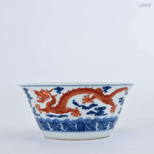 A Blue and White Iron Red Dragon Bowl