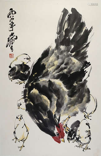 A Chinese Hen Painting, Huang Zhou Mark