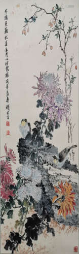 A Chinese Flowers&bird Painting Scroll, Qian Songyan Mark