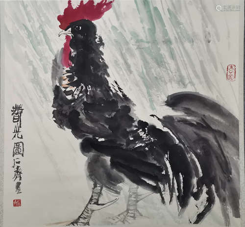 A Chinese Rooster Painting Scroll, Shi Qi Mark