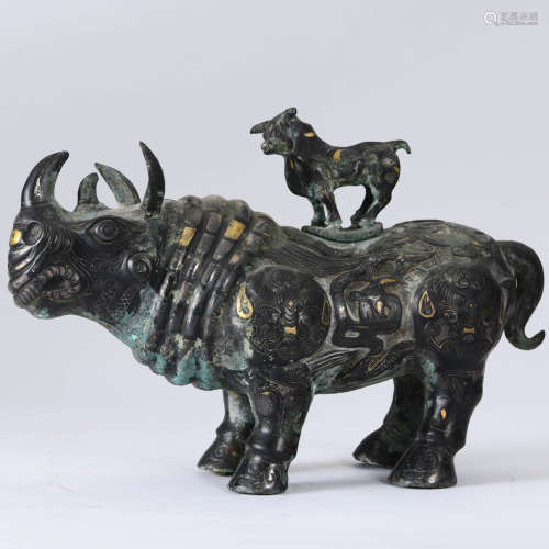 A Gold and Silver Inlaying Bronze Rhinoceros Ornament