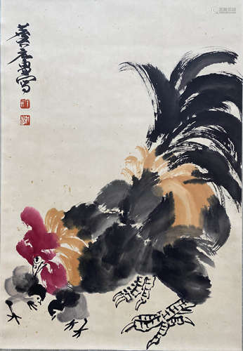 A Chinese Rooster Painting Scroll, Xu Linlu Mark