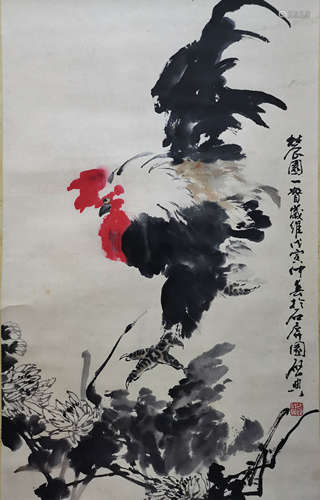 A Chinese Rooster Painting Scroll, Zha Qidian Mark