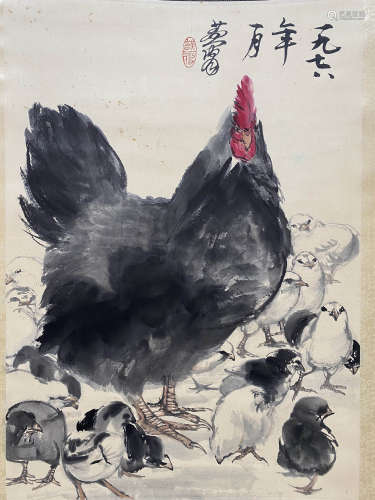 A Chinese Rooster Painting Scroll, Huang Zhou Mark