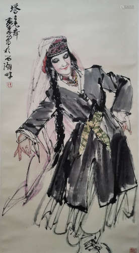 A Chinese Figure Painting Scroll, Huang Zhou Mark