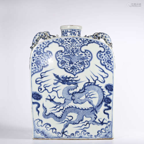 A Blue and White Dragon Flask