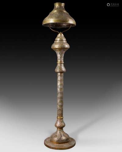 A LARGE ISLAMIC SILVER AND COPPER INLAID LAMP, SYRIA, DAMASCUS, 19TH CENTURY