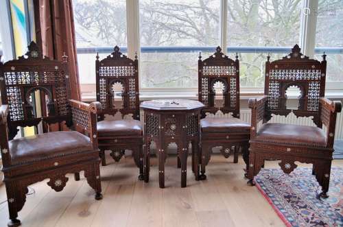 FOUR SYRIAN MOTHER-OF-PEARL INLAID WOODEN CHAIRS AND TABLE SYRIA-DAMASCUS, LATE 19TH CENTURY