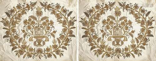 TWO OTTOMAN SILK PILLOW CASES EMBROIDERED WITH GILT AND SILVER WIRES, LATE 19TH CENTURY