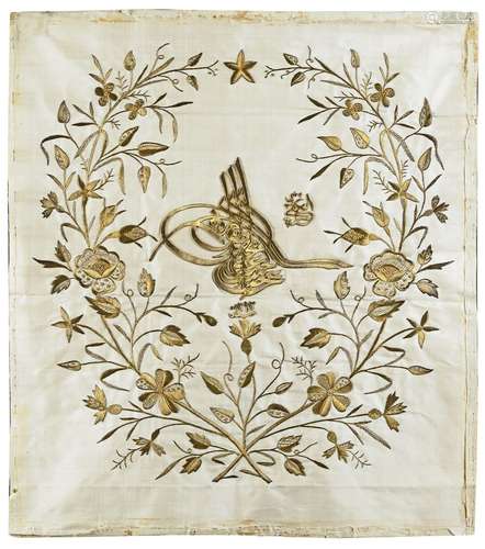 AN OTTOMAN GILT-THREAD EMBROIDERED PILLOW CASE, TURKEY, 1293 AH/1876 AD