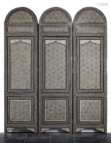 A FINE LARGE OTTOMAN SCREEN INLAID MOTHER-OF- PEARL WITH ARBESQUE MOTIF DESIGN , SYRIA , 19TH CENTURY