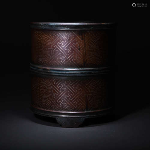 A Bronze Silver Inlaid Inscribed Brush Pot