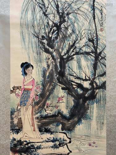 A Chinese Figure Painting Scroll, Liu Danzhai Mark