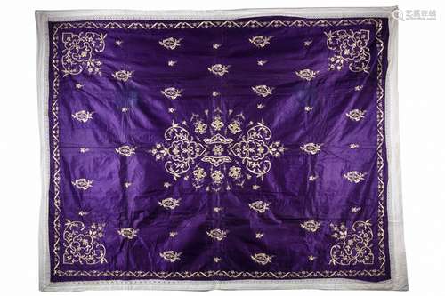 AN OTTOMAN SILVER EMBROIDERED PURPLE SILK BEDSHEET, TURKEY, EARLY 20TH CENTURY