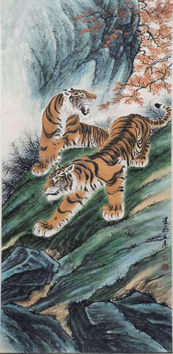 A Chinese Tiger Painting Scroll, Mu Lingfei Mark