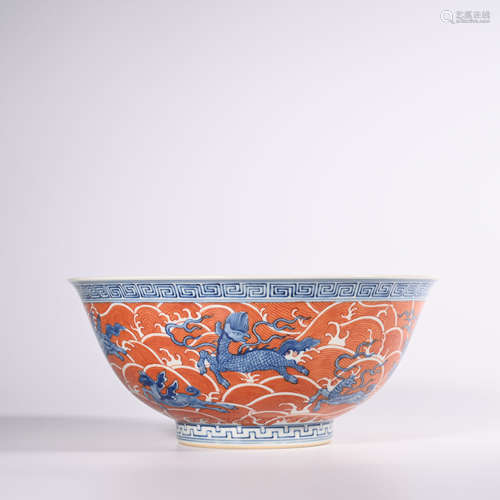 An Iron Red Blue and White Dragon Bowl, Qianlong Mark