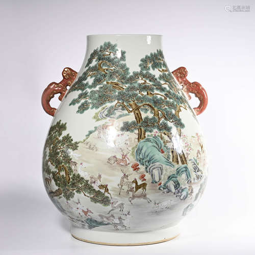 A Famille Rose Hundred Deer Vase, Qianlong Mark