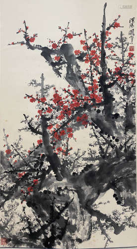 A Chinese Plum Blossom Painting Scroll, Guan Shanyue Mark