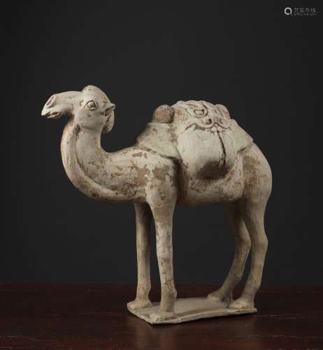 骑骆驼中国。唐代（618-907）有颜料痕迹的陶器。47 x 54 cm站立的动物支撑着它的负荷，排列在它的两个驼峰之间，并由一个神话中的动物头部形状的元素支撑着。来源：中国和印度公司(巴黎)(Inv.23410，1989年获得)