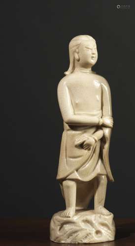 亚当中国，清代，约17世纪米色釉陶器 高23,5厘米夏娃的同伴站在岩石上，拿着她的衣服的帷幔。出处：中国和印度公司（巴黎） (Inv.17488 1957年从德鲁奥酒店获得)