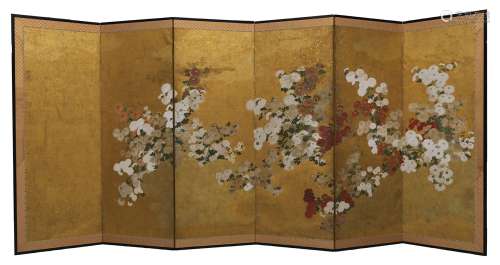 屏风与六片叶子日本，江户时代，19世纪纸上的水墨、彩色颜料和金箔。165×61.5厘米×6叶菊花的装饰。出处：Compagnie de la Chine et des Indes (Paris) (Inv.21270 1972年购于京都)