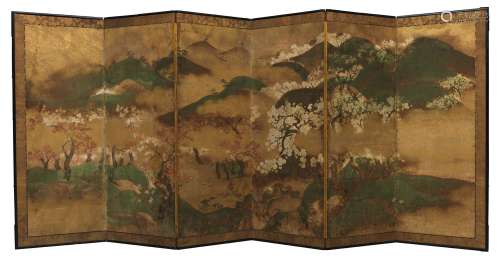 屏风与六片叶子日本，江户时代，19世纪纸上的水墨、彩色颜料和金箔。165×61.5厘米×6片叶子山水花木。出处：Compagnie de la Chine et des Indes (Paris) (Inv.21995 1975年购入东京)。