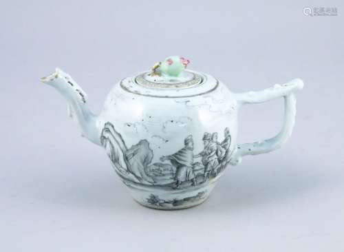 中国--乾隆时期（1736-1795）。  瓷器茶壶，以湖光山色为背景，描绘男人的图案。   高度10，宽度16厘米。