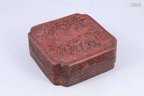 中国--19世纪  北京漆盒，四角凹陷，希腊式门楣四周饰山水人物，小边菱形。   高7，长19厘米。(修复、裂缝)
