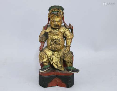 中国--19世纪  观音菩萨像，木雕、多色和金漆。   高度：26.5厘米(事故和缺失、裂缝)