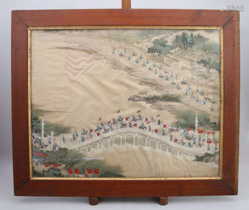 中国--19世纪  滚动的FRAGMENT。绢本聚彩墨，河边游行。   高度53，宽度68厘米。(污渍、湿度)玻璃下装裱。