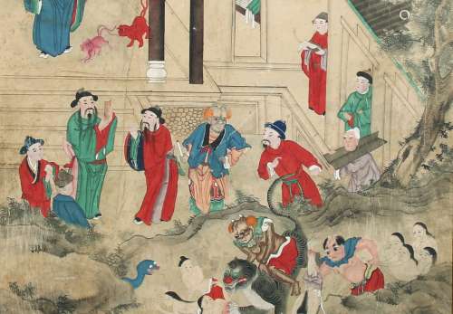 中国--19世纪  纸上的墨水和色彩，代表了地狱之王的宫殿中的审判场景。  目测尺寸：高158，宽91厘米。(缺失和修复)装帧。