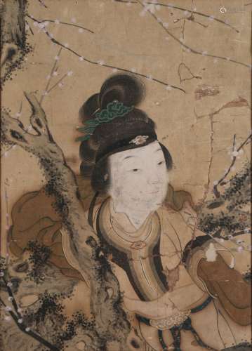 中国-18世纪  绢上绘画的碎片，描绘一个年轻女子。  高度32，宽度23厘米。