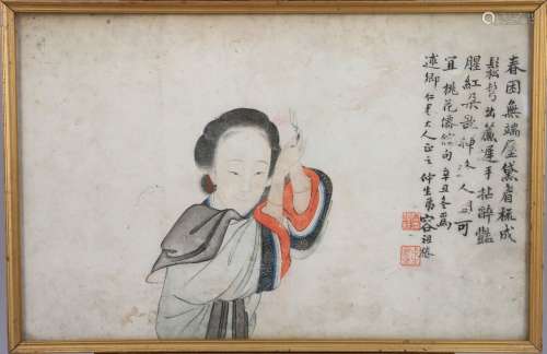 中国，19世纪  一套两幅，纸本水墨画，表现妇女肖像、诗歌和艺术家的邮票。   高度29，宽度45厘米。(缺失和修复)连接：一幅日本画和一幅中国雕刻。