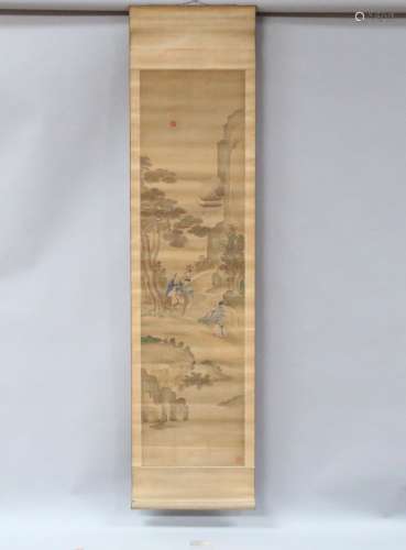 中国，19世纪  一套三幅，绢本水墨画，表现山水间的道家仙人，在波涛汹涌中。装在卷子里。顾建龙的署名。   高度177，宽度47厘米。(污渍和修复)