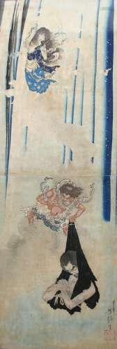 辻冈义志（1839-1892）。  双大班蓼江，蒙阁的忏悔，站在瀑布下，上面是观音。签名：Yoshitoshi，然后盖上艺术家的印章。   高度70.5，宽度24.2厘米。(污渍、褪色、缺失)