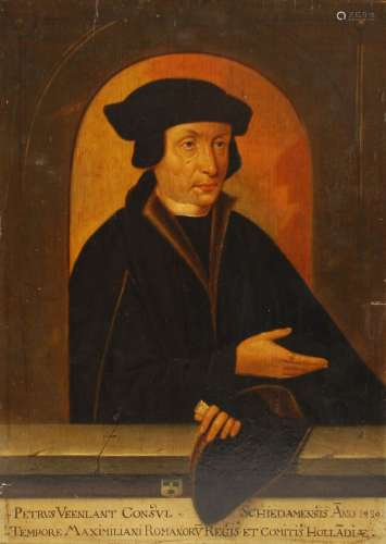 15世纪后的荷兰学派，执政官佩特鲁斯-维恩兰特的画像。油在面板上。铭文如下：