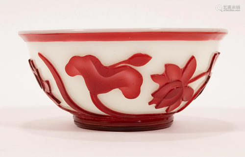 CHINESE GLASS RED BOWL WITH WHITE GROUND DIA 5.75