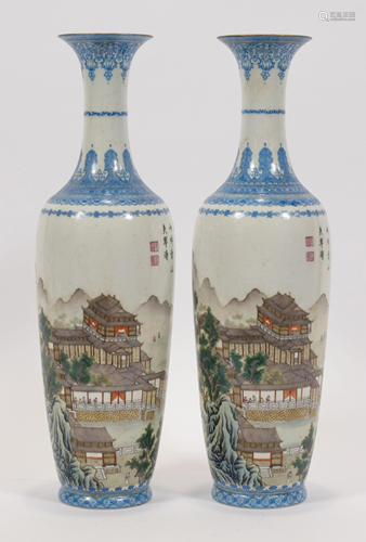 CHINESE FAMILLE ROSE PORCELAIN VASES, PAIR, H 14