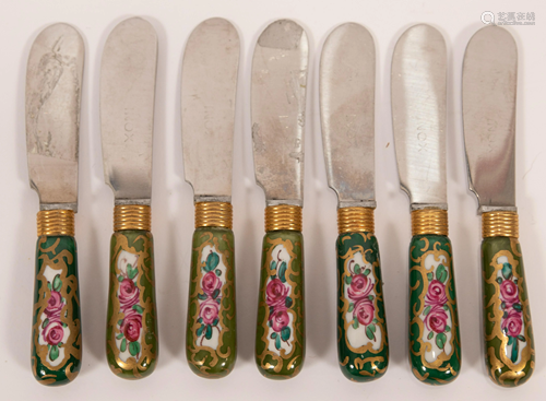 FRENCH LIMOGES GREEN PORCELAIN BUTTER KNIVES 'SET OF