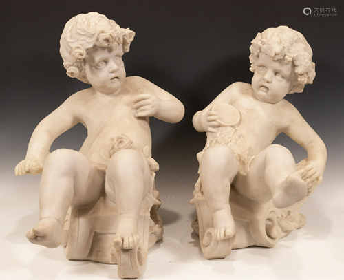 FAUX MARBLE NEOCLASSICAL CHERUB STATUARY, PAIR, H 20