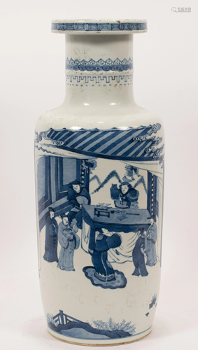 CHINESE BLUE AND WHITE PORCELAIN ROULEAU VASE, H 18