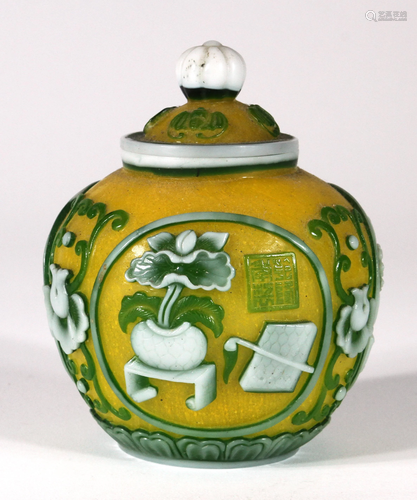 CHINESE CAMEO GLASS COVERED JAR H 4