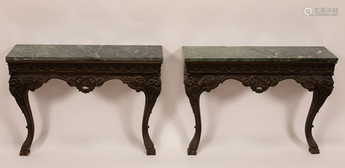 MARBLE TOP AND GLAZED GREEN MAHOGANY CONSOLES C …